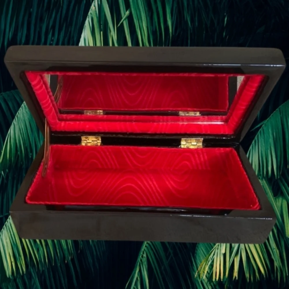 Handmade Lacquered Wooden Trinket Jewelry‎ Box Mother of Pearl Inlay With Mirror